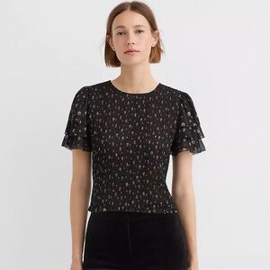 NWT Loft | Shimmer Dot Smocked Ruffle Top in Black and Gold | Size L